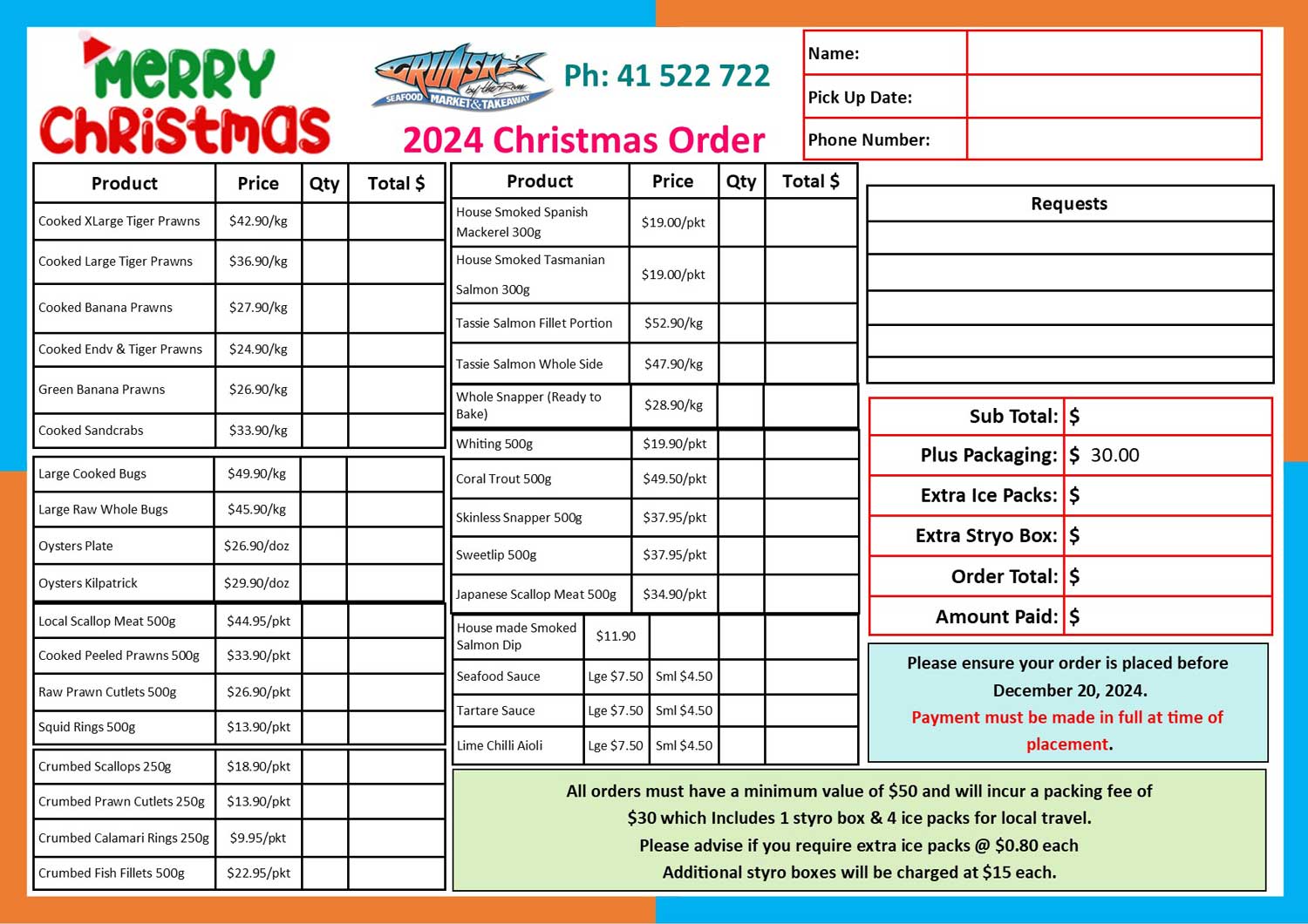 Christmas Seafood Order Form - Grunskes by the River Bundaberg